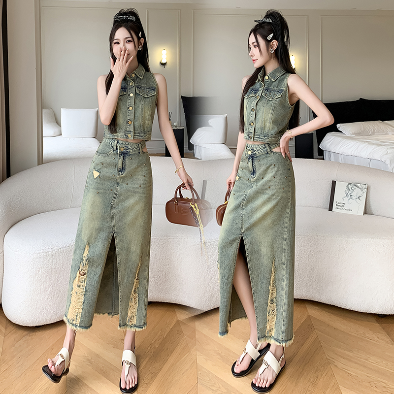 FA24137# 复古牛仔辣妹挂脖背心高腰修身开叉毛边半身长裙女套装 服裝批發女裝批發服飾貨源