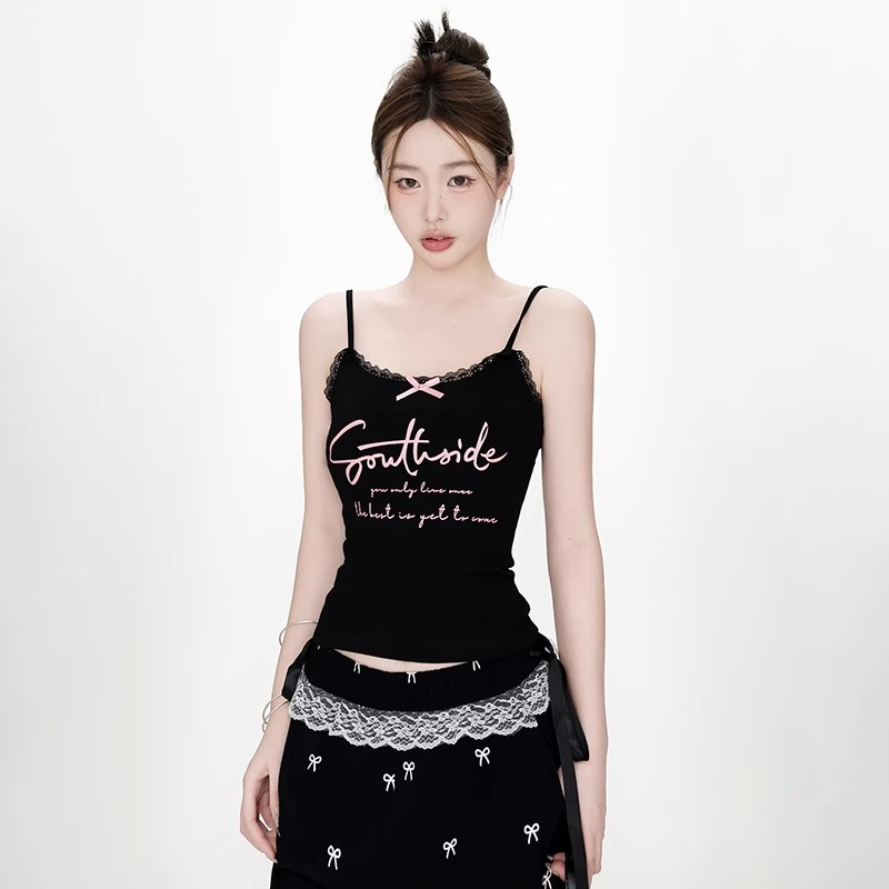 Sweet and cool black bow printed suspender belt for women 2024 summer new style lace outer wear slim top for women