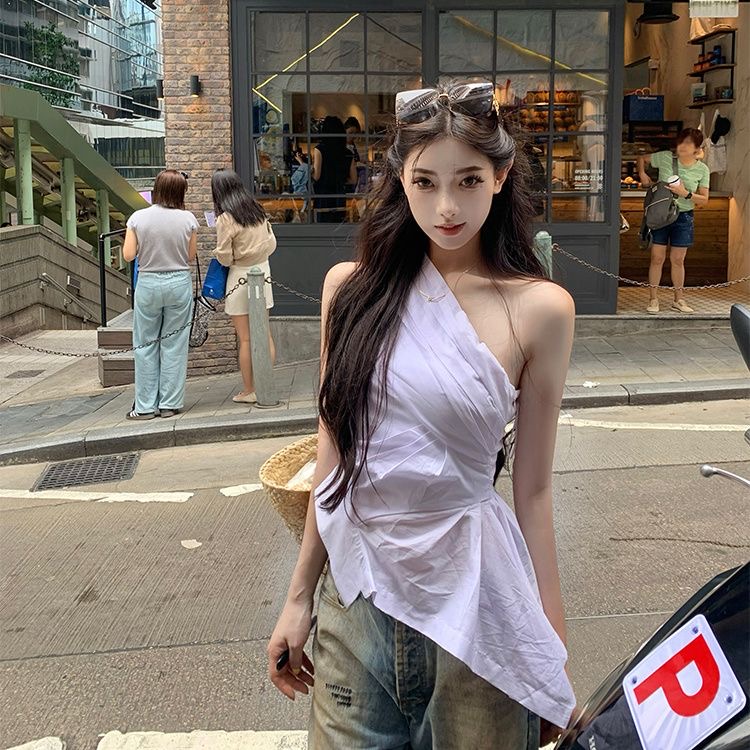 Pure desire street hot girl irregular ruffled shoulder vest female ins Korean slim girl group top new trend