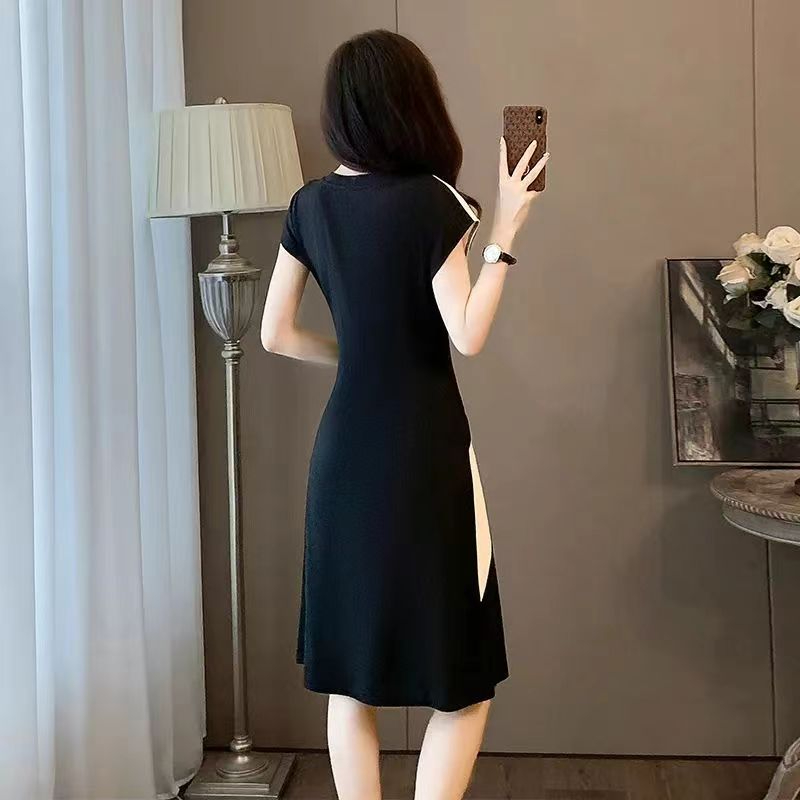 French dress summer 2024 new style temperament waist slimming high-end black and white splicing casual skirt