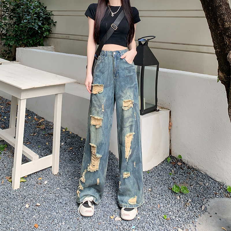 Real shot~Wasteland style retro splashed ink ripped jeans for women summer new high waist slimming wide leg trousers