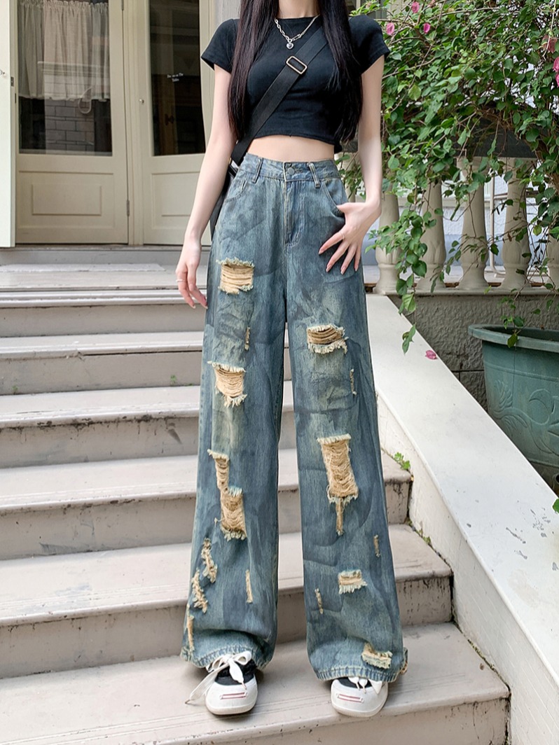 Real shot~Wasteland style retro splashed ink ripped jeans for women summer new high waist slimming wide leg trousers