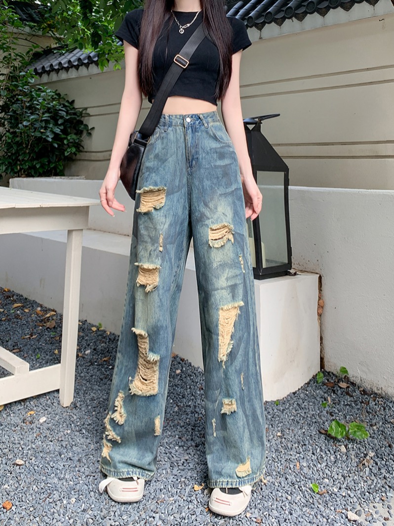 Real shot~Wasteland style retro splashed ink ripped jeans for women summer new high waist slimming wide leg trousers