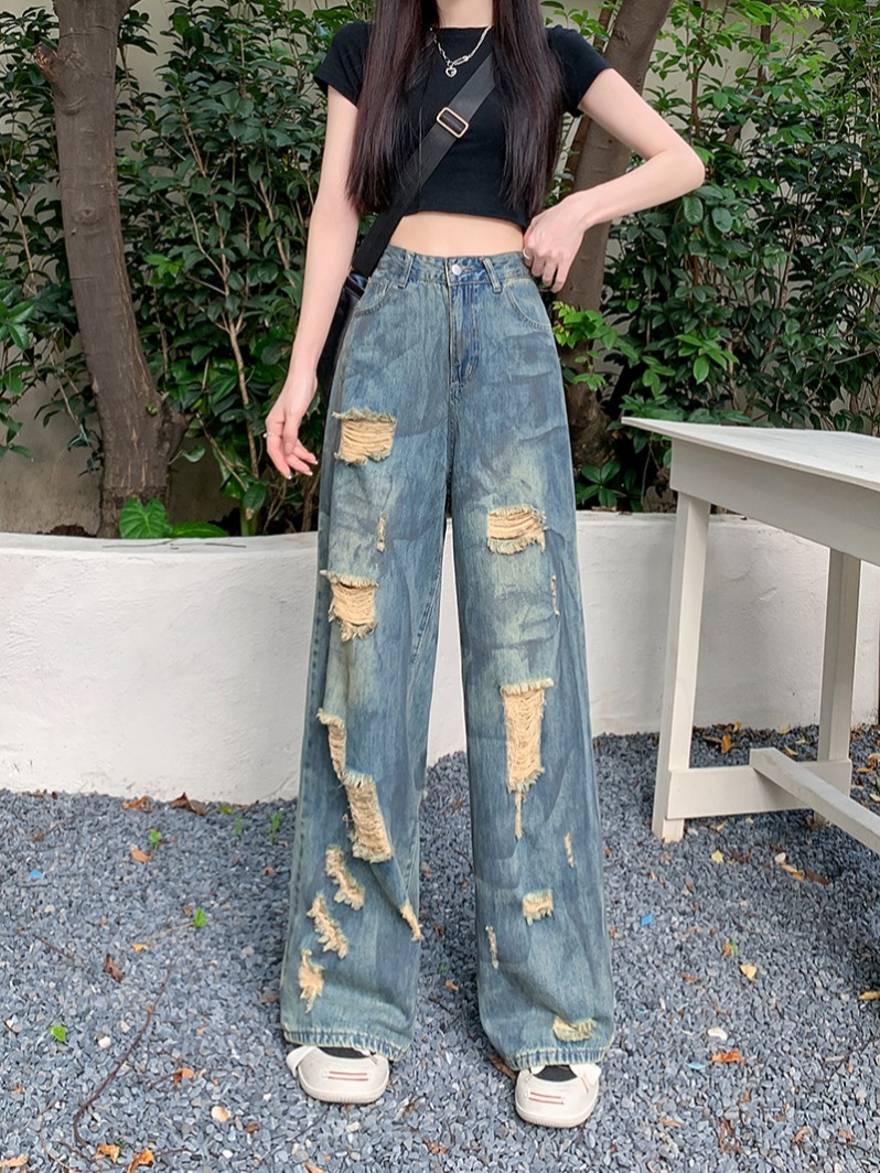 Real shot~Wasteland style retro splashed ink ripped jeans for women summer new high waist slimming wide leg trousers