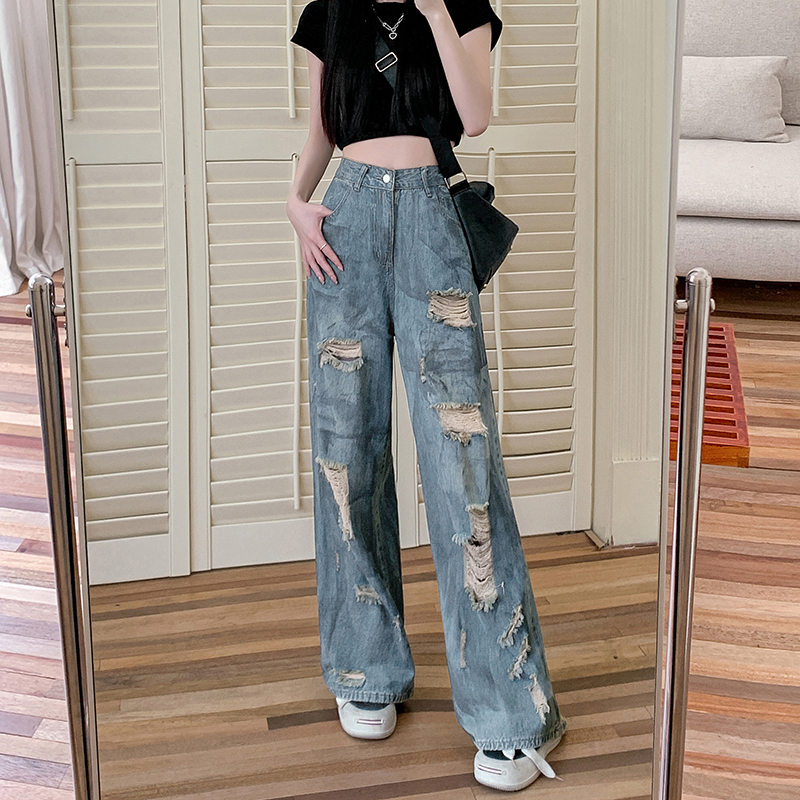 Real shot~Wasteland style retro splashed ink ripped jeans for women summer new high waist slimming wide leg trousers