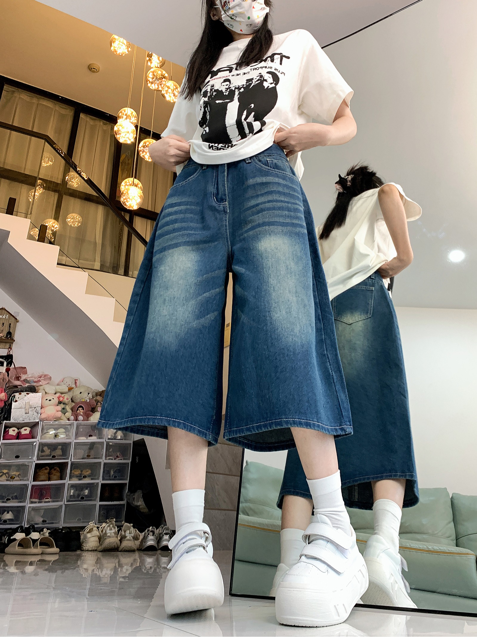 Actual shot ~ Summer thin denim shorts for women, American retro high-waisted slim new style pants