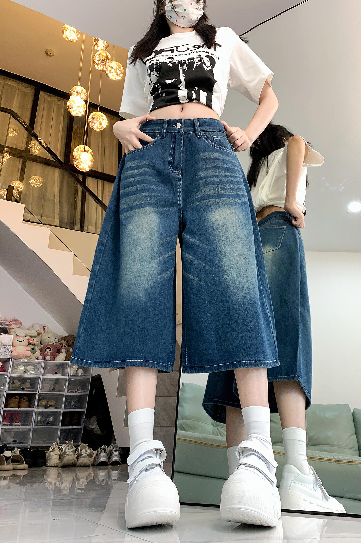 Actual shot ~ Summer thin denim shorts for women, American retro high-waisted slim new style pants