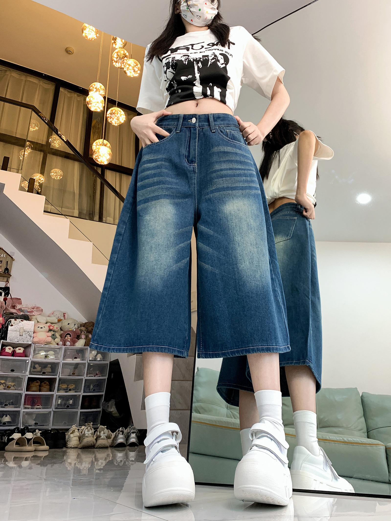 Actual shot ~ Summer thin denim shorts for women, American retro high-waisted slim new style pants