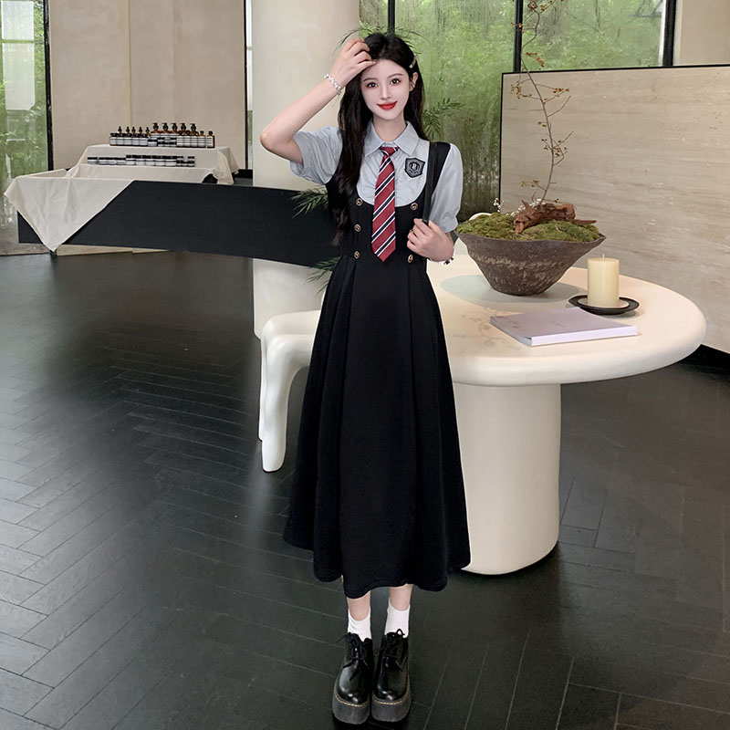 실사 빅 사이즈 지방 mm 페이크 레이어드 드레스 여름 새로운 학원 스타일 반팔 허리 수축 슬림해 보이는 품격 A라인 스커트