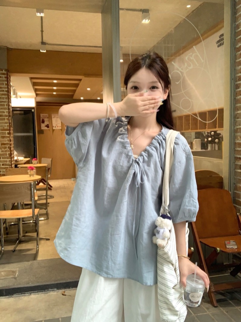 Actual shot~Korean summer loose drawstring v-neck loose pullover short-sleeved shirt~