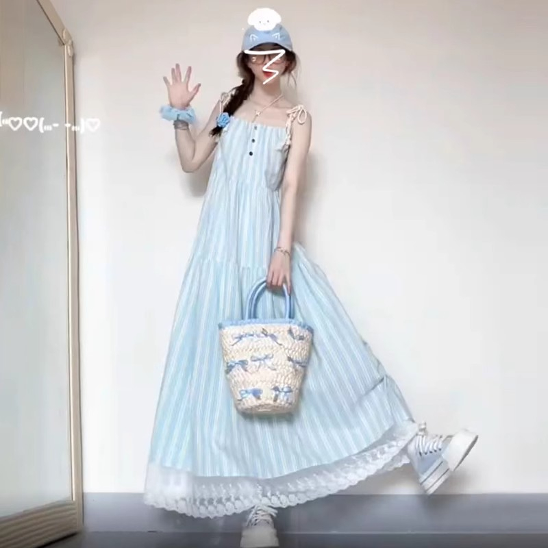 French temperament blue striped suspender dress for women summer 2024 new style small seaside vacation long dress