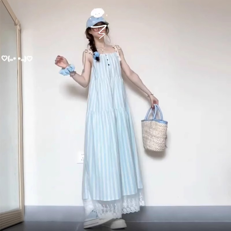 French temperament blue striped suspender dress for women summer 2024 new style small seaside vacation long dress