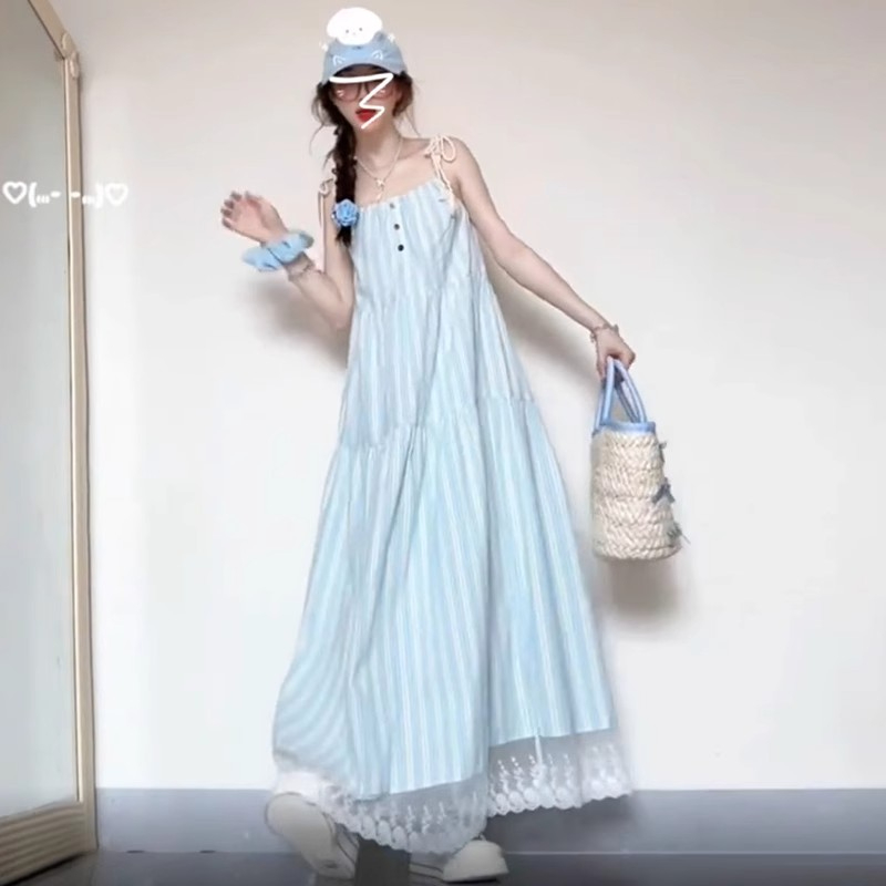 French temperament blue striped suspender dress for women summer 2024 new style small seaside vacation long dress