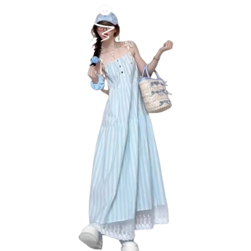 French temperament blue striped suspender dress for women summer 2024 new style small seaside vacation long dress