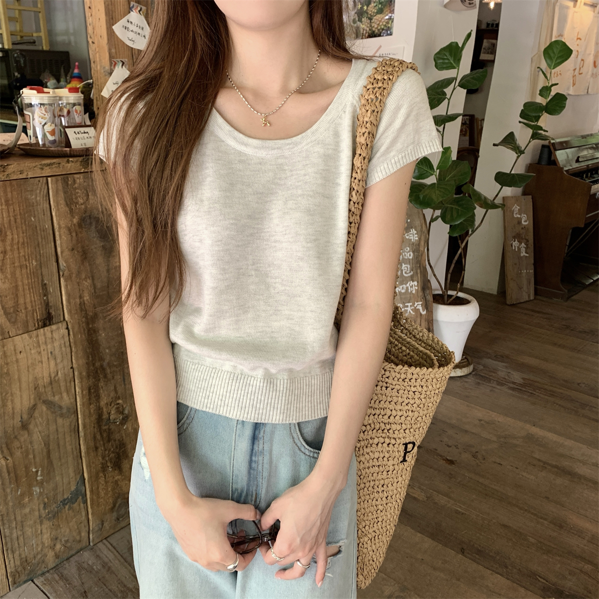 實拍 夏季韓版圓領插肩純色氣質百搭6羊毛針織衫短袖上衣女