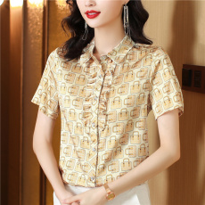 批发真丝<b class='q'>上衣</b>女2026年夏季新款气质短袖小衫中老年印花杭州<b class='q'>桑蚕丝</b>衬衫