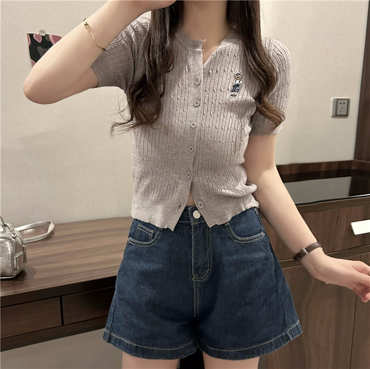 Real shot~Summer new round neck embroidered bear cardigan short-sleeved knitted top