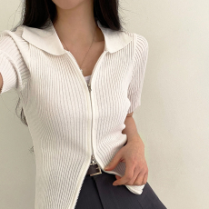 批发大码女装胖MM冰丝短袖针织衫夏季性感修身翻领双拉链显瘦打底上衣