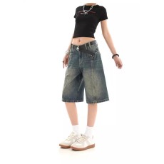 批发网图美式复古水洗五分牛仔<b class='q'>短裤</b><b class='q'>女</b>夏季高腰宽松显瘦直筒阔腿中裤子