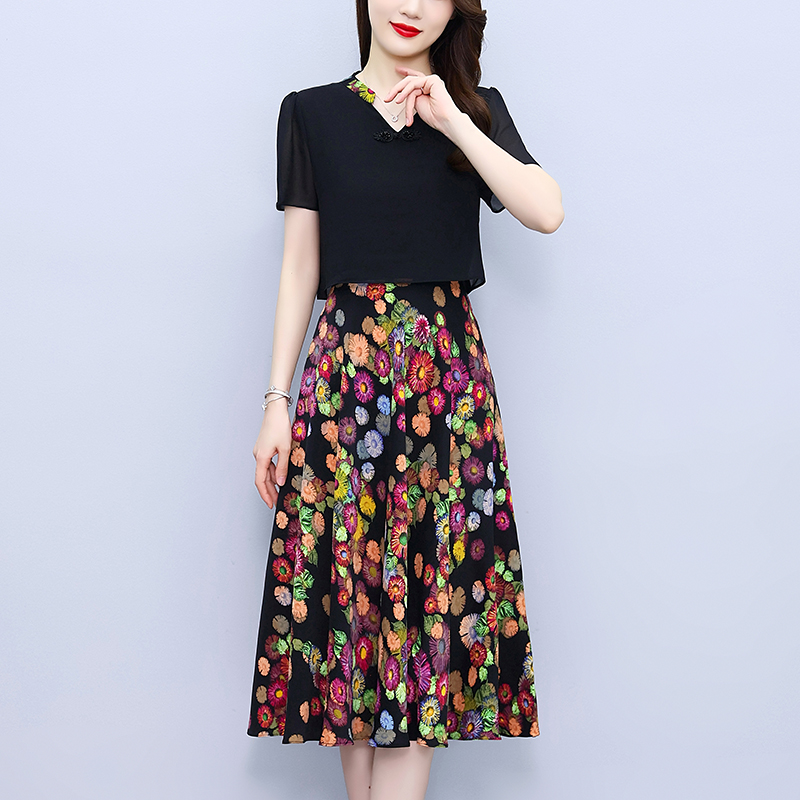 PF14181#新中式假两件拼接连衣裙024年夏季时尚减龄高腰显瘦大码高档...