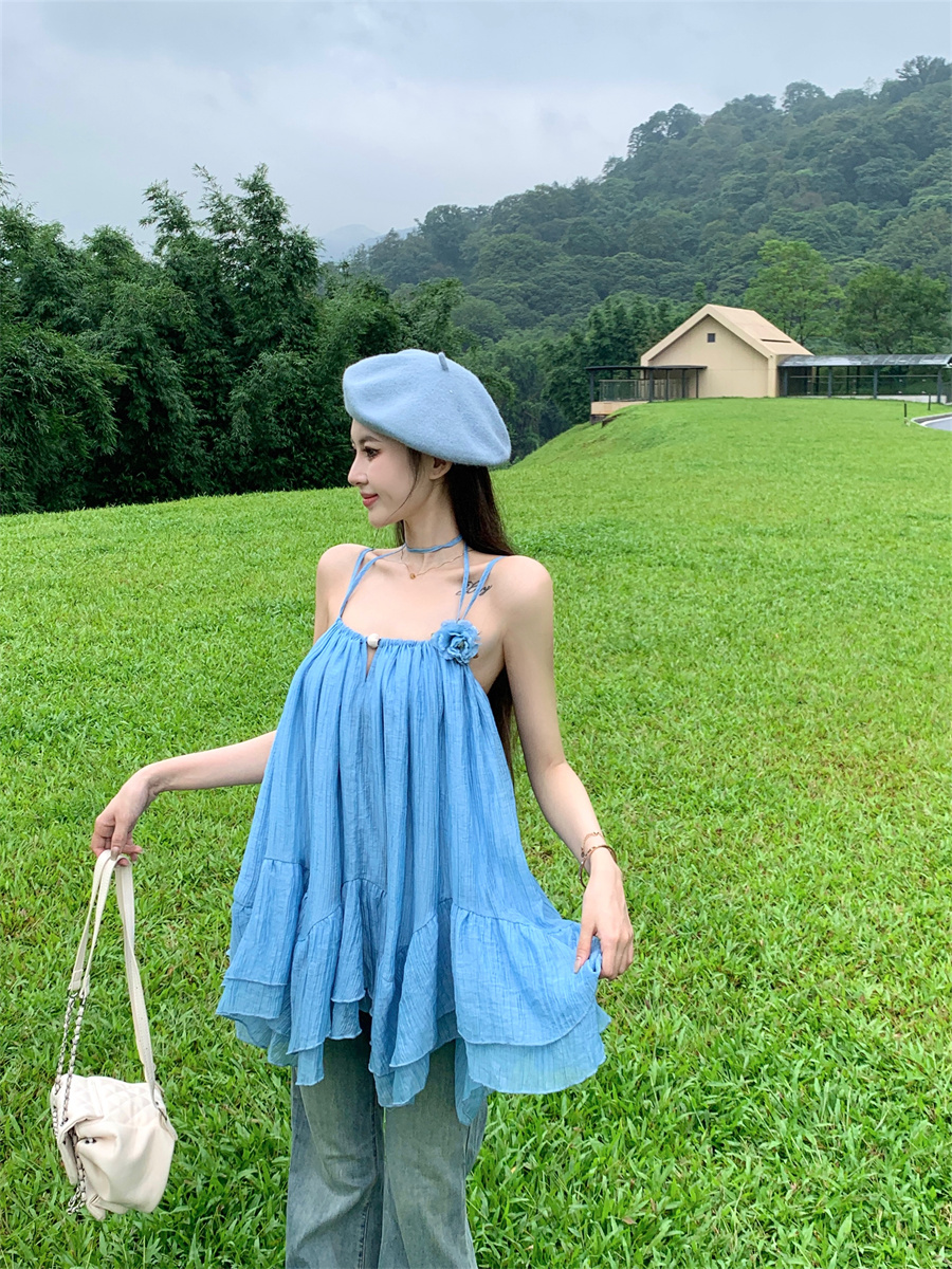 실사 정가 순수한 욕망 달콤함 프릴 슬립 여름 레이스업 루즈핏 외출용 해변가 휴가 맨위