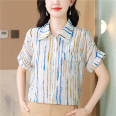 批发真丝衬衫女士2026夏季新款短袖竖条纹显瘦杭州丝绸<b class='q'>桑蚕丝</b><b class='q'>上衣</b>小衫