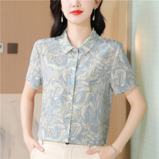 批发杭州重磅真丝衬衫女夏装中年妈妈短袖衬衣百搭时尚印花<b class='q'>桑蚕丝</b><b class='q'>上衣</b>