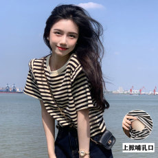 批发夏季哺乳条纹纯棉短袖T恤产后辣妈时尚百搭喂奶上衣月子期服
