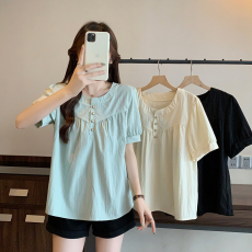 批发实拍2026夏装新款<b class='q'>胖</b><b class='q'>mm</b>大码女韩版折皱拼接显瘦正肩衬衣上衣