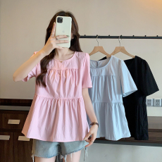 批发<b class='q'>实拍</b>2026夏装新款胖mm<b class='q'>大码</b>女甜美减龄设计感拼接圆领短袖小衫