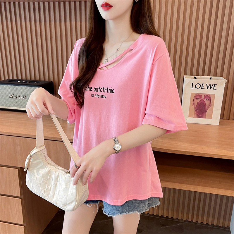 PF14437# 音质量/纯棉/后包领/宽松短款小个子设计感T恤女