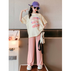 批发230克珠地双纱<b class='q'>女</b><b class='q'>童</b><b class='q'>夏季</b><b class='q'>短袖</b><b class='q'>套装</b>2026新款休闲中<b class='q'>大</b><b class='q'>童</b>多巴胺两件套