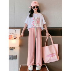 批发230克珠地双纱<b class='q'>女</b><b class='q'>童</b><b class='q'>夏季</b><b class='q'>短袖</b><b class='q'>套装</b>2026新款休闲中<b class='q'>大</b><b class='q'>童</b>多巴胺两件套