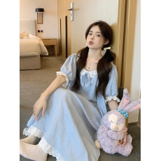 批发实拍韩版纯棉提花甜美花边圆领雾霾蓝<b class='q'>夏</b>季短袖长裙睡衣家居服