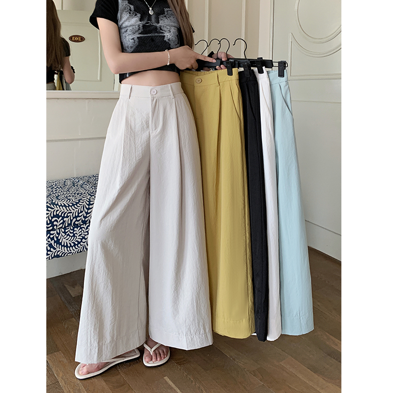 실사 2026 여름 새로운 단색 허리밴드 캐주얼 바지 여성 루즈핏 9 포인트 와이드 레그 팬츠