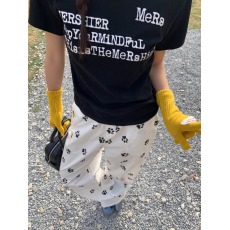 批发美式可爱狗狗脚印<b class='q'>印花</b>白色休闲小众阔腿显瘦长裤