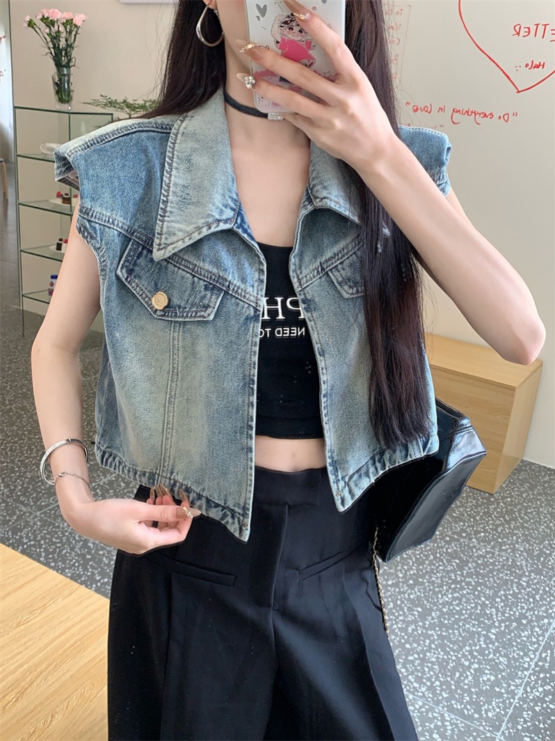 FA26468# 夏季短款飞袖背心牛仔马甲外套女新款小个子短袖百搭上衣
