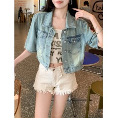 批发实拍复古宽松显瘦短袖牛仔外套女夏季新款小个子短款开衫别致上衣