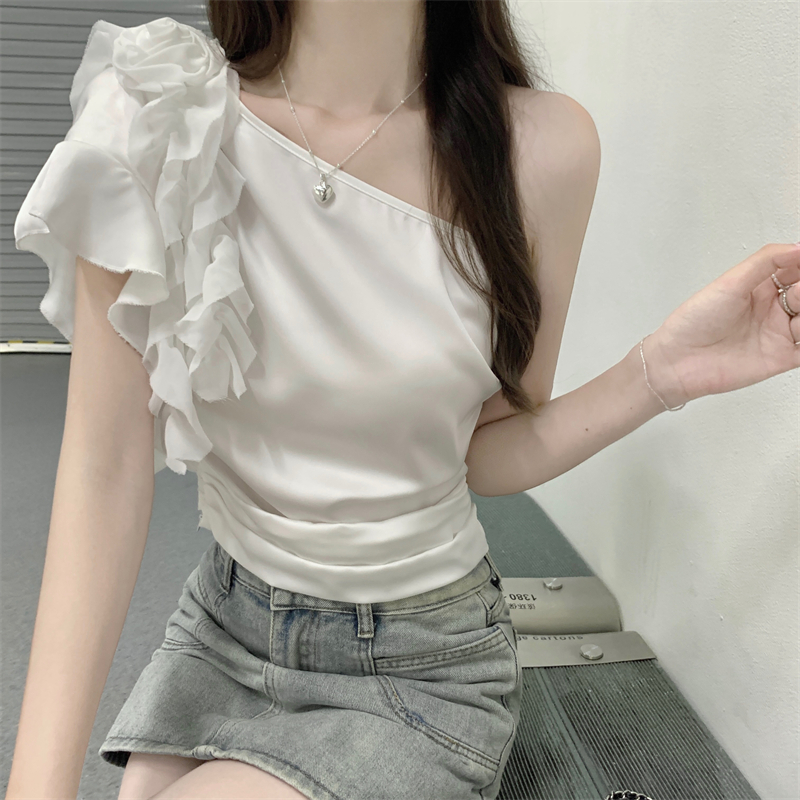 PF14189#新款女装韩式设计感斜领性感缎面纯色上衣夏季女裝貨源服裝批發
