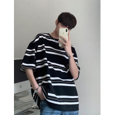 批发ins日系休闲条纹短袖t恤男夏季复古宽松帅气潮流百搭圆领半袖体恤