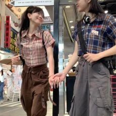 批发韩系美式学院风格子短袖衬衫女夏季甜辣风polo领刺绣格子短外衣潮