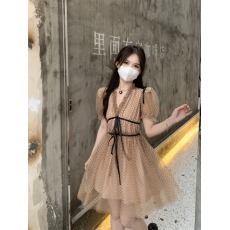 批发法式<b class='q'>复古</b>赫本风网纱泡泡袖V领波点系带连衣裙女