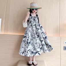 批发<b class='q'>女童</b>连<b class='q'>衣裙</b>度假裙夏季新款洋气儿童吊带公主裙宝宝国风水墨连衣裙