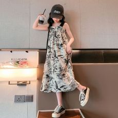 批发<b class='q'>女童</b>连<b class='q'>衣裙</b>度假裙夏季新款洋气儿童吊带公主裙宝宝国风水墨连衣裙