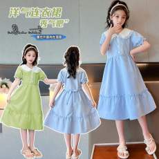 批发女童学院风连衣裙夏季2026新款时尚中大童洋气<b class='q'>儿童</b>翻领中长<b class='q'>裙子</b>潮