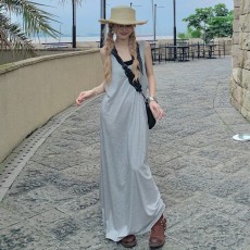 批发大码加长休闲气质假两件灰色吊带<b class='q'>连衣裙</b>夏高个子显瘦通勤吊带长裙