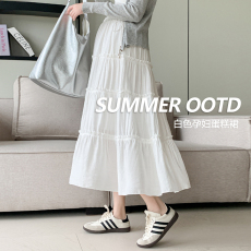 批发实拍孕妇白色蛋糕半身裙夏带内衬外穿中长半裙小个子大码孕妇半裙