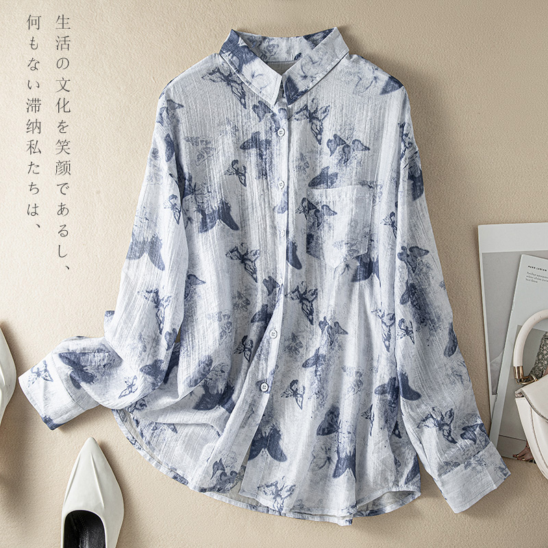 2026 새로운 외국 가스 패션 프린트 긴팔 여성 셔츠 가을 얇은 스타일 자외선 차단 의류 작은 셔츠 맨위
