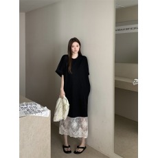 批发实拍实价  短袖T恤裙女法式蕾丝半裙叠穿宽松中长款连衣裙两件套