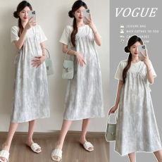 批发实拍 2024夏季孕妇装时尚撞色扎染假两件拼接宽松显瘦大码连衣裙